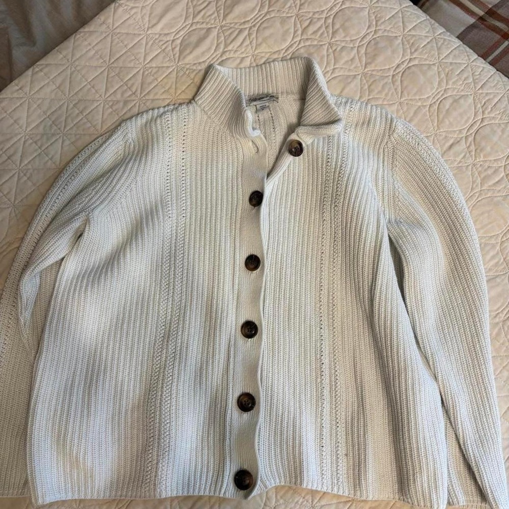 Coldwater Creek Cream Ribbed Pointelle Button Front Cardigan Sweater Mock Neck M